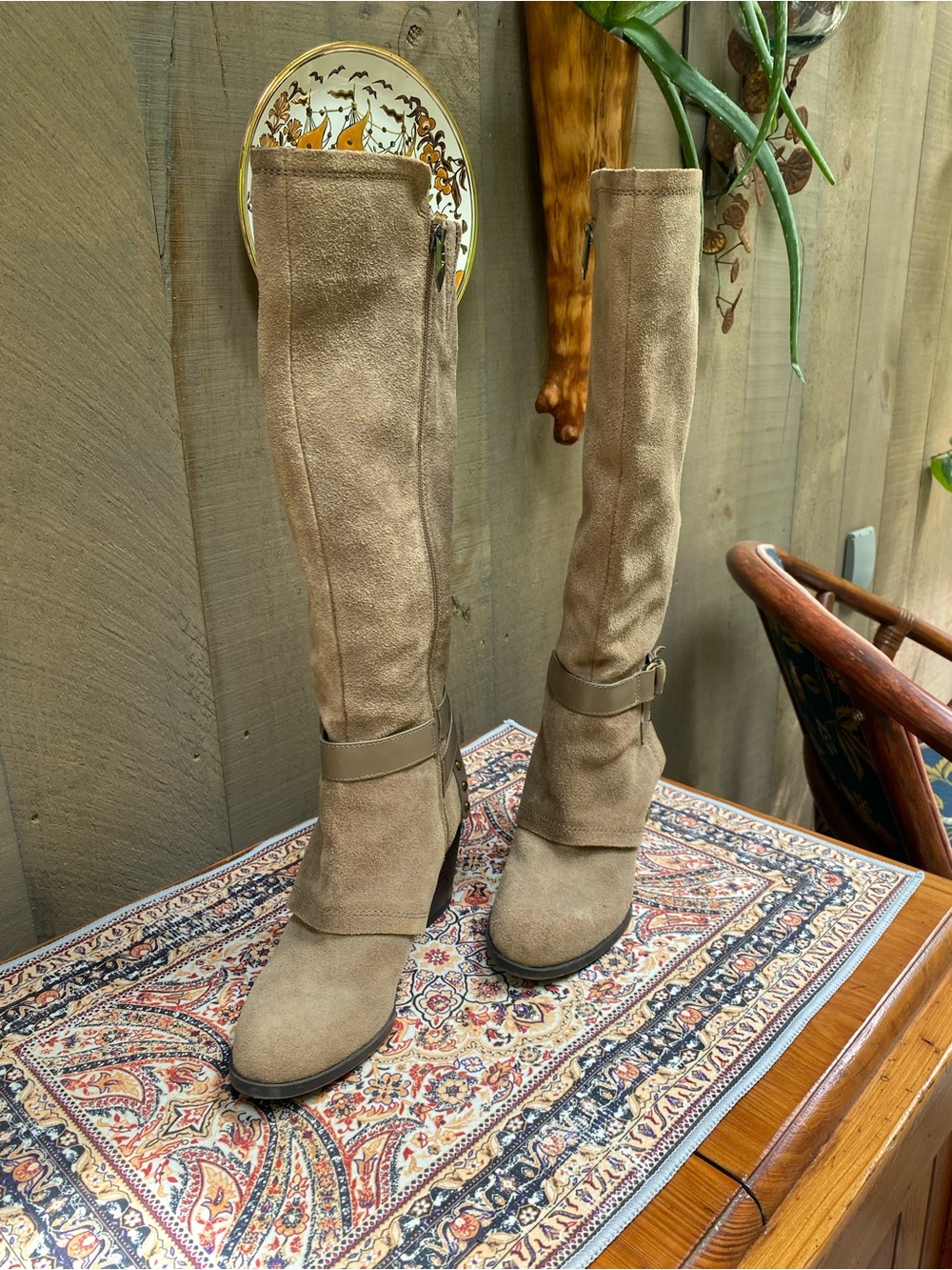 Fergie Taupe Suede Knee-High Block Heel Boots - Picture 2 of 14